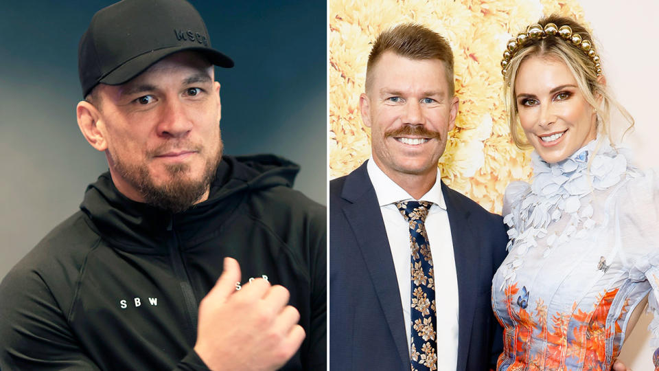 Candice and David Warner appear on the right and Sonny Bill Williams on the left.