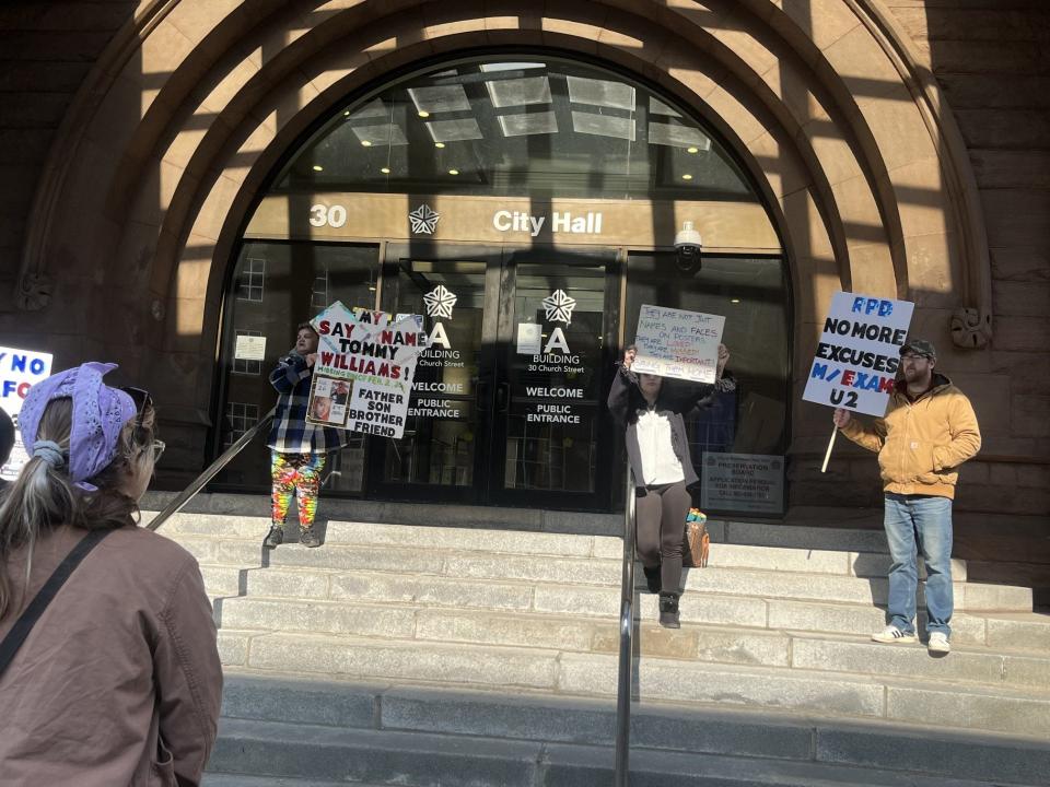 Protestors from the WNY Missing & Unidentified Persons Network gathered outside of city hall yelling for Mayor Malik Evans to come out and speak with them