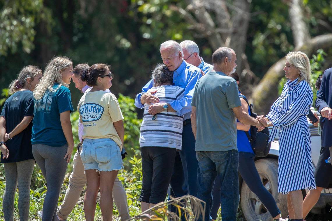 President Joe Biden and First Lady Dr. Jill Biden meet in Lost Creek, Ky., on Monday, Aug. 8, 2022, with people whose homes were destroyed by the flash floods in Eastern Kentucky in late July.