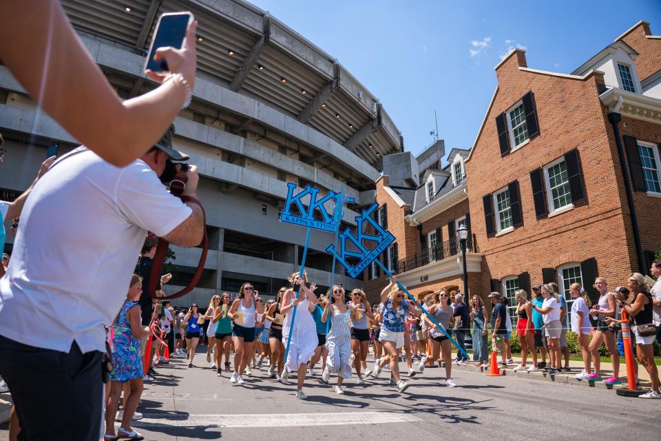New members of Kappa Kappa Gamma run out of Bryant Denny Stadium to meet their new sorority sisters on Bid Day at The University of Alabama. Sunday August 14, 2022. [Photo/Will McLelland] 