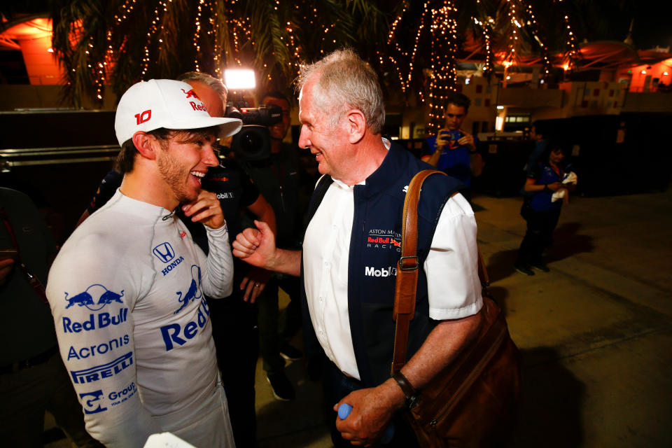 Friends in high places: Pierre Gasly is congratulated on his remarkable result by Red Bull king-maker Dr Helmut Marko