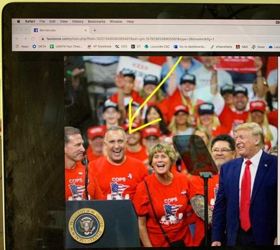 This image posted to Facebook misidentifies a man at an October rally with President Donald Trump as Derek Chauvin, the officer who choked George Floyd on May 25 in Minneapolis. The man, identified with the arrow, has been ID'd as Mike Gallagher.