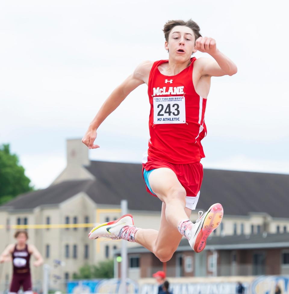 General McLane's Logan Anderson cuts through the air in the 3A boys' long jump competition at the PIAA Track and Field Championships at Shippensburg University on Saturday, May 28, 2022.