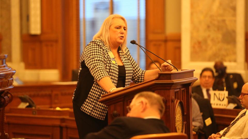Former Rep. Stephanie Byers, D-Wichita, the first transgender legislator in Kansas, speaks in opposition to a bill that would ban transgender athletes in girls' and women's sports at the Statehouse.