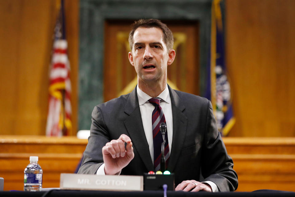 In this May 5, 2020, file photo Sen. Tom Cotton, R-Ark., speaks during a Senate Intelligence Committee nomination hearing for Rep. John Ratcliffe, R-Texas, on Capitol Hill in Washington. Cotton wrote in a New York Times op-ed Tuesday, June 2, that local law enforcement needs the backup of active-duty military forces to tamp down unrest in the U.S. (AP Photo/Andrew Harnik, Pool, File)