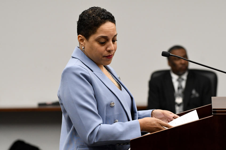 St. Louis Circuit Attorney Kim Gardner appears at her disciplinary hearing Monday, April 11, 2022, in St. Louis. Gardner has reached an agreement with the Missouri Office of Disciplinary Counsel in which she acknowledges mistakes in her handling of the prosecution of former Missouri Gov. Eric Greitens but won't face any severe penalties for those mistakes. (AP Photo/T.L. Witt, Pool via Missouri Lawyers Media)