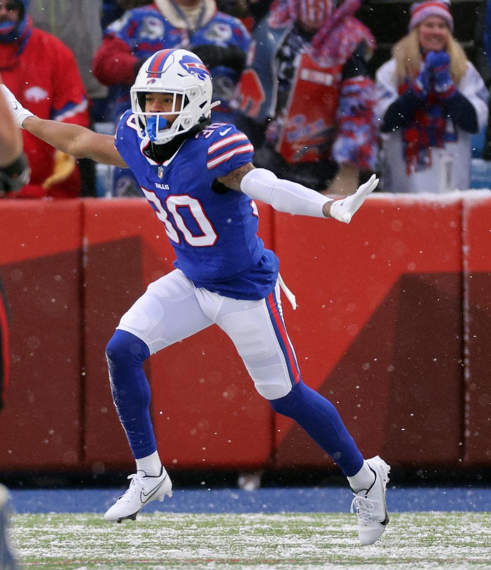 Bills cornerback Dane Jackson celebrates a pass breakup. 