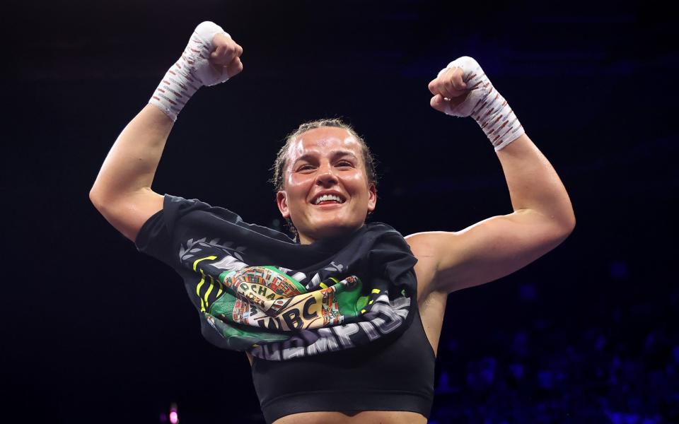 Chantelle Cameron celebrates victory after defeating Katie Taylor during the IBF, IBO, WBA, WBC and WBO World Super Lightweight Title fight