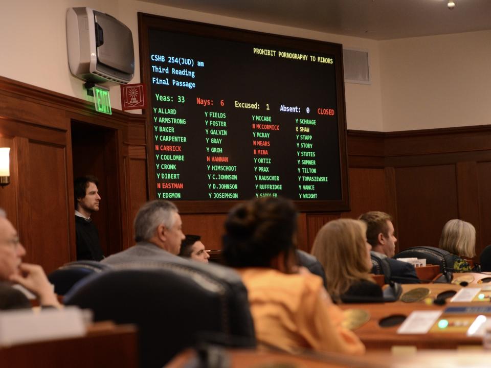 The tally board in the Alaska House of Representatives displays the votes for and against HB 254 on Friday, April 26, 2024. (Photo by James Brooks/Alaska Beacon)