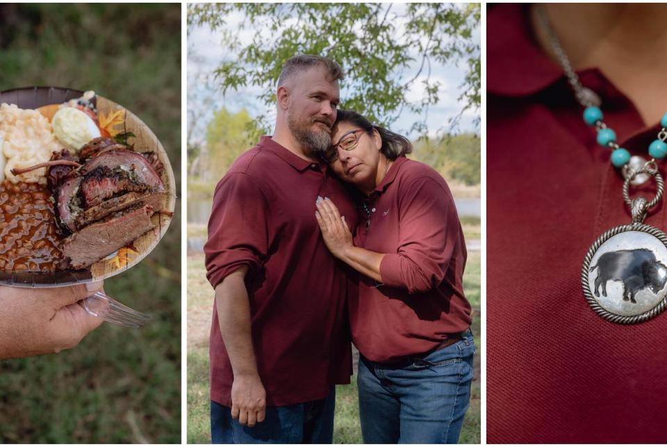 Left: An attendee carries a meal with bison meat and sides. Center: Theda Pogue and her husband Chris Pogue. "This herd is for us to share with our younger generations who will know what our ancestors have gone through," Theda Pogue said. Right: Pogue wears a silver necklace with a buffalo pendant at the ceremony. <cite>Credit: Desiree Rios for The Texas Tribune</cite>