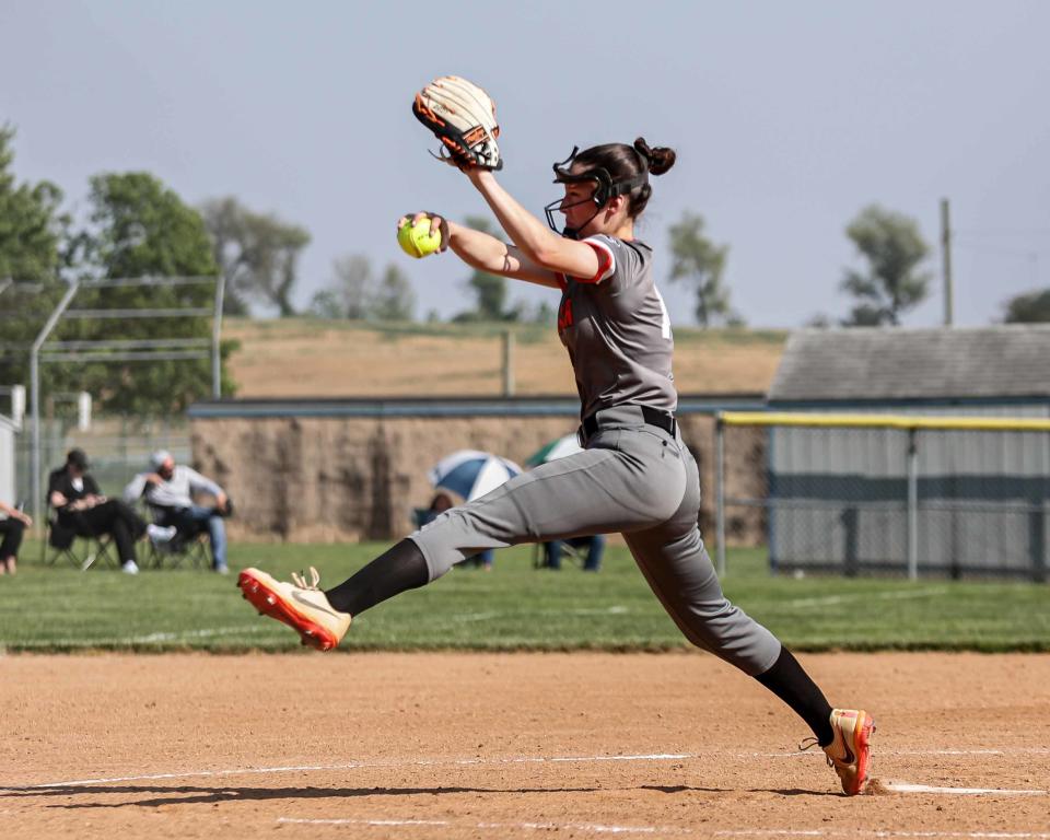 Palmyra's Mollie White winds up to fire a pitch to a Cedar Crest batter during the season. White recorded 618 strikeouts in her three-year career for the Cougars.