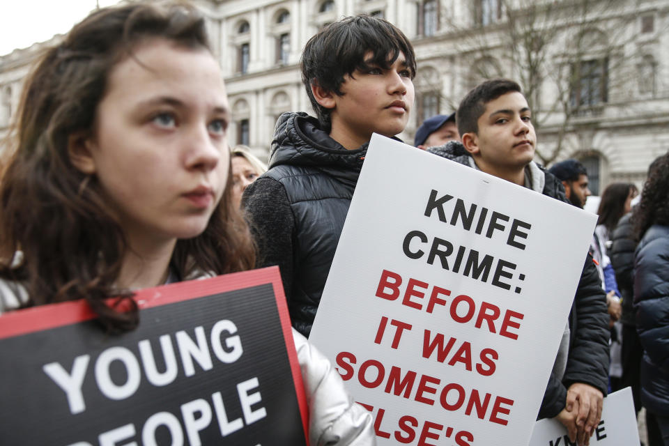 LONDON, ENGLAND - DECEMBER 07: Protestors participate in A March To Stop Knife Crime by The Tashan Daniel Campaign on December 7, 2019 in London, England. Tashan was stabbed to death two days after his 20th birthday in an unprovoked attack on his way to Arsenal. (Photo by Hollie Adams/Getty Images)