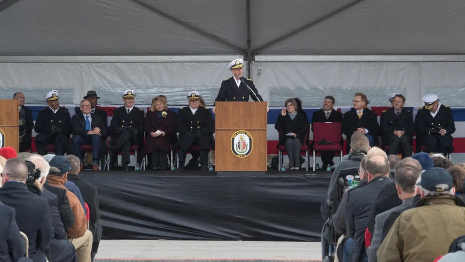 Former Chief of Naval Operations Adm. John Richardson speaks at the commissioning ceremony for the littoral combat ship Sioux City in Annapolis, Md., in November 2018. The Navy decommissioned the ship less than five years later. (Navy)