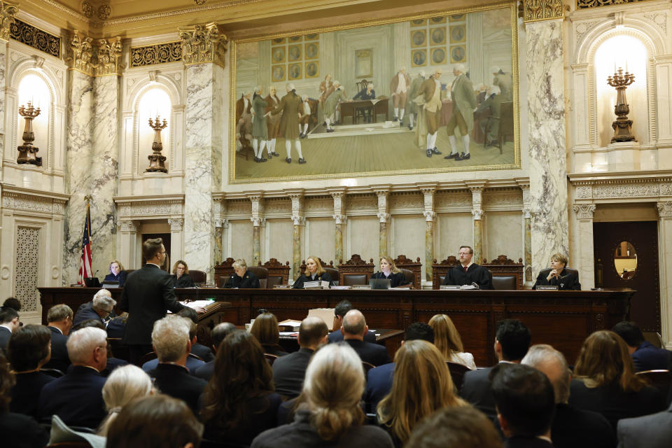 Mark Gaber, of the Campaign Legal Center in Washington D.C. addresses the Wisconsin Supreme Court in a redistricting hearing at the Wisconsin state Capitol Building in Madison, Wis. (Ruthie Hauge/The Capital Times via AP, Pool)