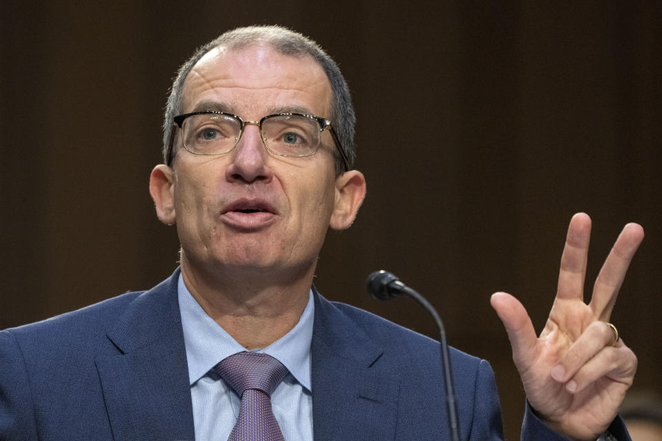 Moderna CEO and Director Stephane Bancel testifies before the Senate HELP Committee on the price of the COVID-19 vaccine, Wednesday, March 22, 2023, on Capitol Hill in Washington. (AP Photo/Jacquelyn Martin)