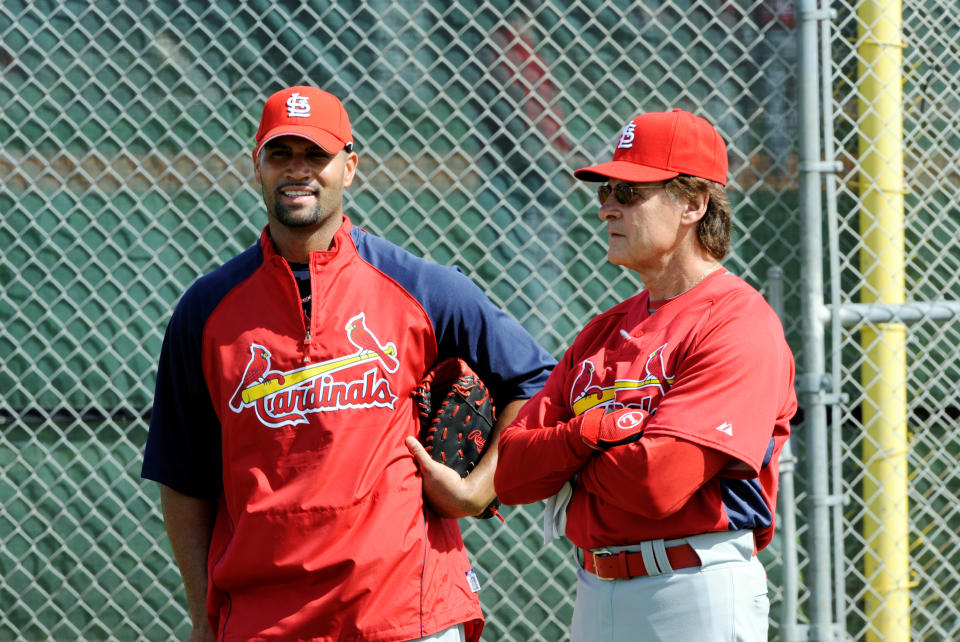 Albert Pujols（圖左）與昔日教頭Tony La Russa。（AP Photo/Rob Carr）