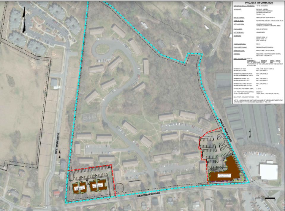An aerial photo included with plans for new buildings at Deaverview Apartments in West Asheville, set to house current residents for a planned demolition and reconstruction by the Asheville Housing Authority.