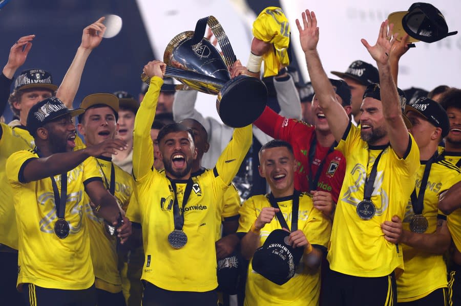 COLUMBUS, OHIO – DECEMBER 09: The Columbus Crew celebrate after winning the 2023 MLS Cup against the Los Angeles FC at Lower.com Field on December 09, 2023 in Columbus, Ohio. (Photo by Maddie Meyer/Getty Images)