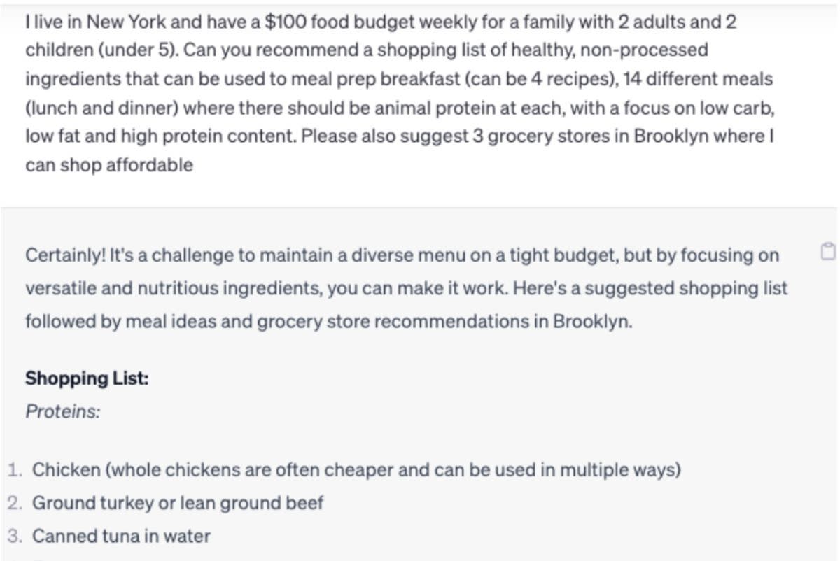 Screenshot of question asked to ChatGPT, '$100 weekly food budget for a family of 4 in New York'