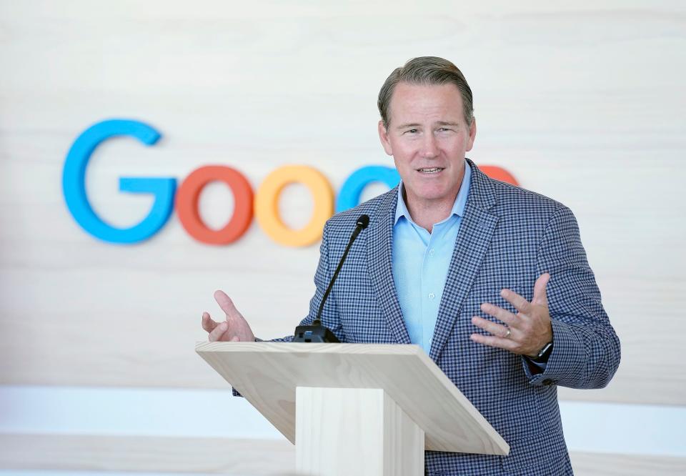 Aug 28, 2023; New Albany, OH, USA; Lt. Governor Jon Husted speaks to the media during a press conference at a Google data center campus. Google announced plans to invest $1.7 billion in Ohio this year. This builds on Google's more than $2 billion already invested in the state since breaking ground on its first Ohio data center in New Albany in 2019.