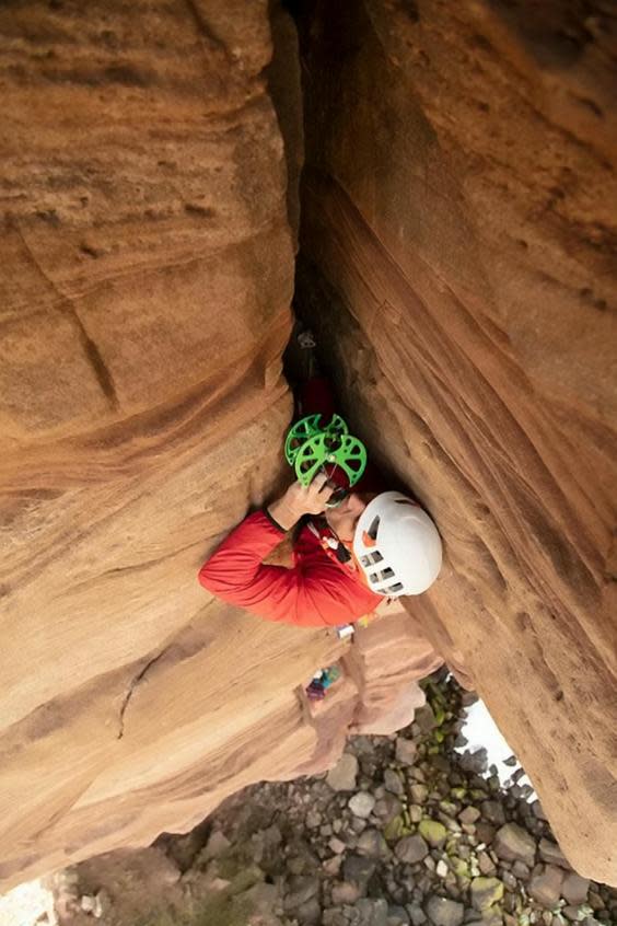 Cams or 'friends' are used to secure the rope in wide breaks and will expand to remain in place if a climber falls onto them (Alastair Lee / SWNS)