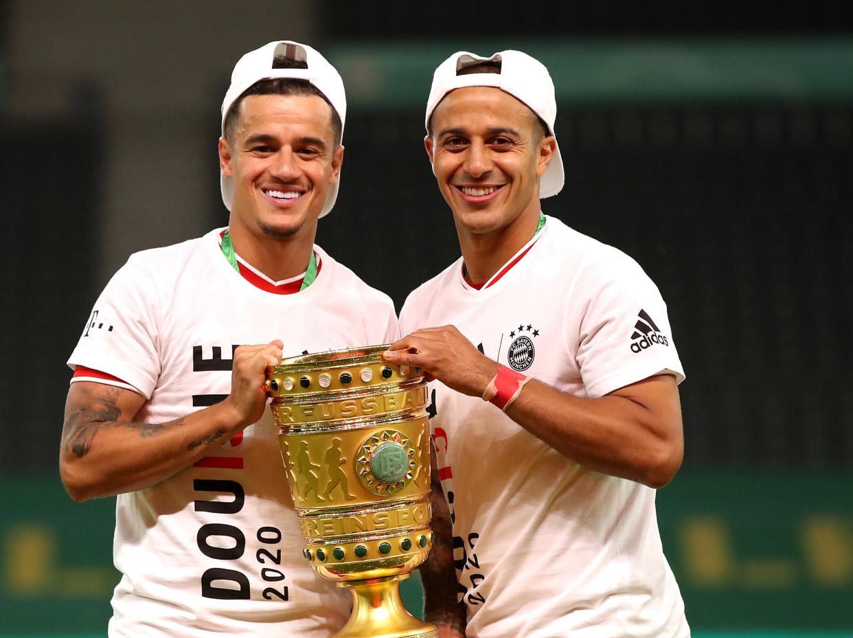 Thiago Alcantara (right) with former Bayern team-mate Philippe Coutinho (Getty Images)