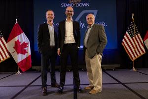 Bombardier’s Safety Standdown dream team: (From left) New Safety Standdown leader Chris Milligan, VP, Pre-Owned Aircraft Services and Flight Operations; JC Gallagher, Executive VP Services, Support and Strategy; and Andy Nureddin, veteran customer support executive and steward of the program for more than 15 years, who is retiring in 2022.