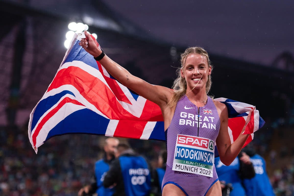 Great Britain’s Keely Hodgkinson celebrates her European title (Marius Becker/PA) (PA Wire)