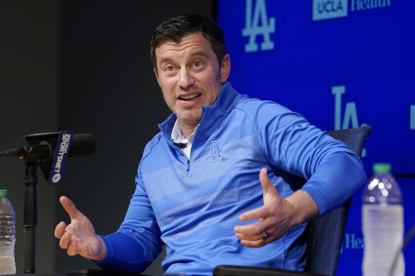 Dodgers president of baseball operations Andrew Friedman speaks on Oct. 18, 2022, in Los Angeles.