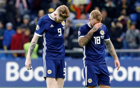 Oliver McBurnie and Johnny Russell at the end of Kazakhstan 3 Scotland 0 - Credit: REUTERS/Alexei Filippov