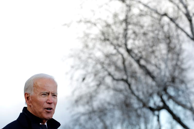 Democratic U.S. presidential candidate Joe Biden speaks to supporters at rally after filing declaration of candidacy papers at State House in Concord