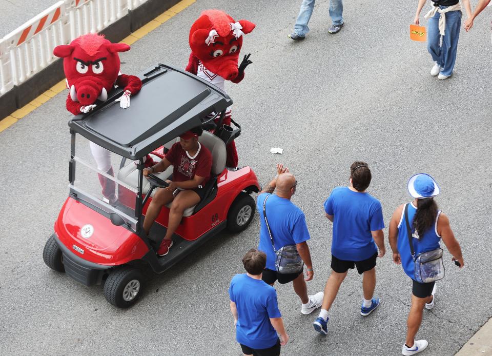 Arkansas mascots wave to BYU fans prior to the game at Razorback Stadium in Fayetteville on Saturday, Sept. 16, 2023. | Jeffrey D. Allred, Deseret News