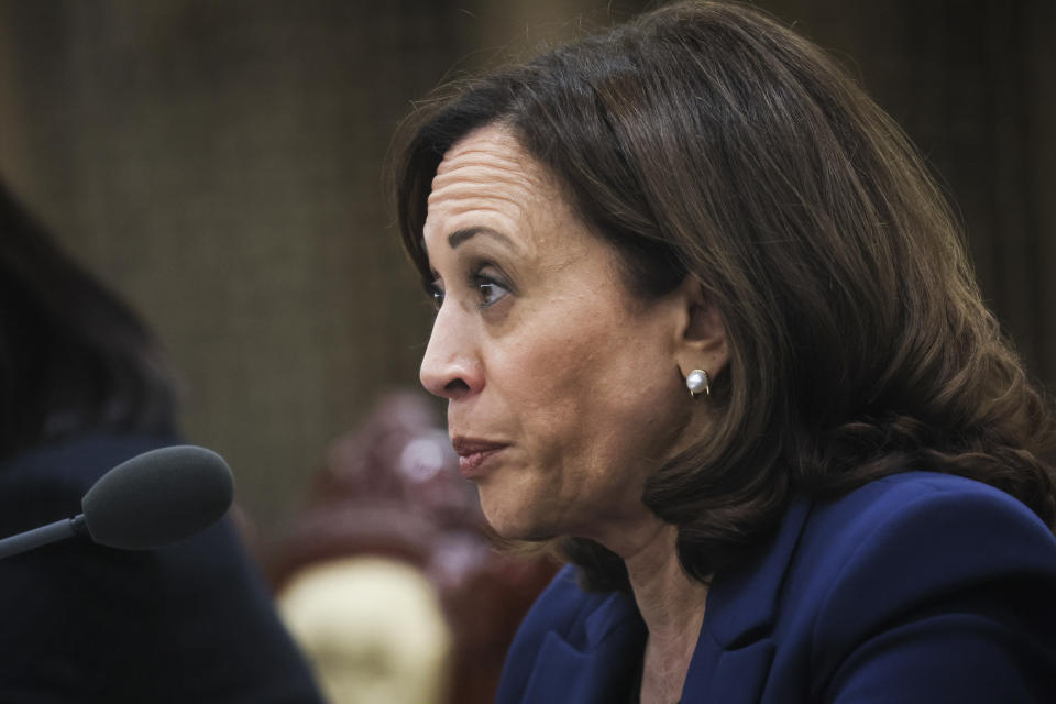 U.S. Vice President Kamala Harris attends a meeting with South Korea's President Yoon Suk Yeol in Seoul, South Korea, Thursday, Sept. 29, 2022.(Leah Millis/Pool Photo via AP)