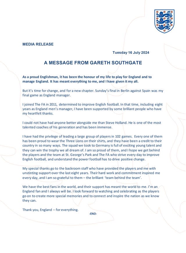 An image of Gareth Southgate's statement as he stepped down as England manager