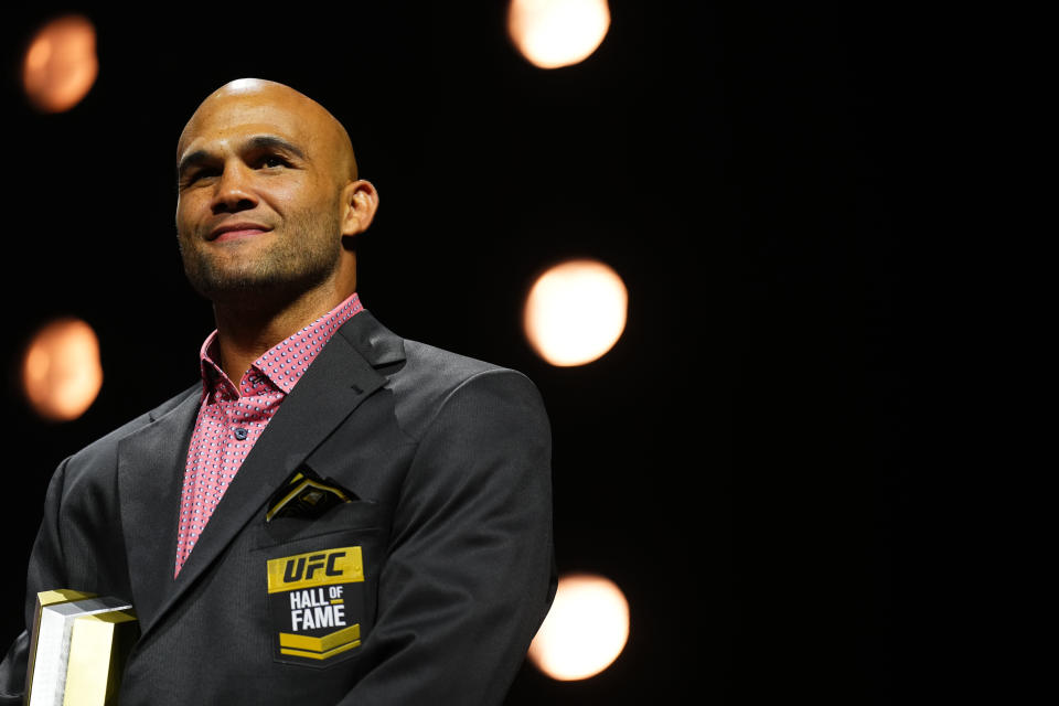 LAS VEGAS, NEVADA - JULY 06: Robbie Lawler poses on stage after his induction into the UFC Hall of Fame during the UFC Hall of Fame Induction Ceremony at T-Mobile Arena on July 06, 2023 in Las Vegas, Nevada. (Photo by Cooper Neill/Zuffa LLC via Getty Images)