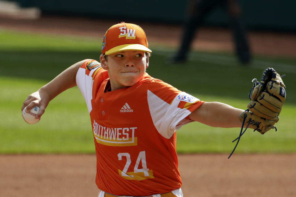 River Ridge, Louisiana's Egan Prather delivers in the fifth inning of the Little League World Series Championship game against Curacao in South Williamsport, Pa., Sunday, Aug. 25, 2019. (AP Photo/Gene J. Puskar)