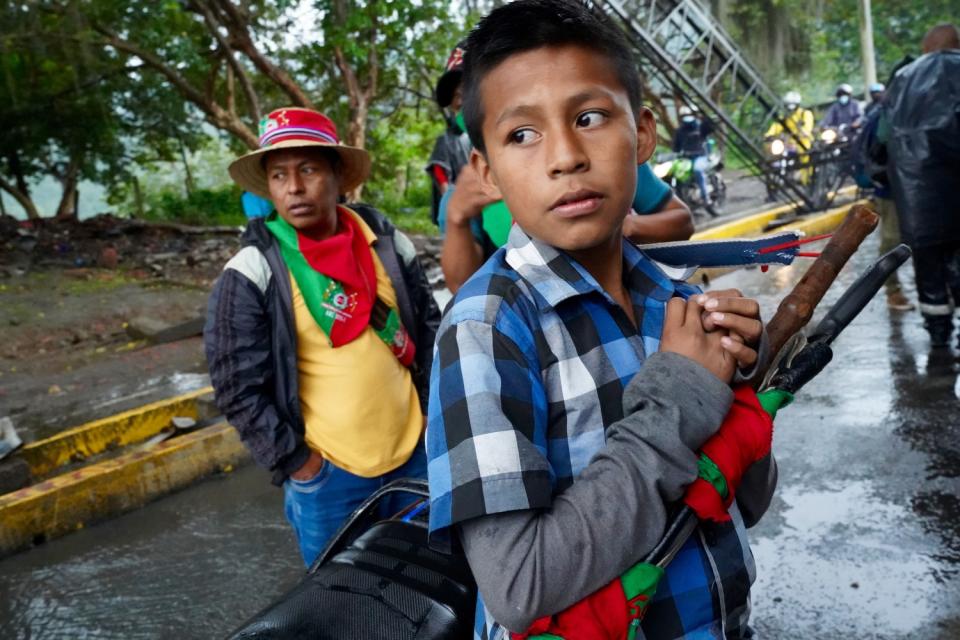 Protesters at a blockade of Colombia's Panamerican Highway between the cities of Cali and Popayan.