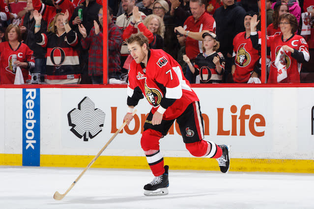 OTTAWA, ON – MAY 6: The first star of the game Kyle Turris #7 of the Ottawa Senators skates off the ice following their overtime win against the New York Rangers in Game Five of the Eastern Conference Second Round during the 2017 NHL Stanley Cup Playoffs at Canadian Tire Centre on May 6, 2017 in Ottawa, Ontario, Canada. (Photo by Jana Chytilova/Freestyle Photography/Getty Images) *** Local Caption ***