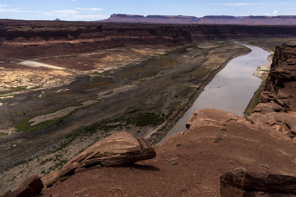 The Hite Marina and boat ramp are closed, as Lake Powell shrinks back to the Colorado River, on Wednesday, July 13, 2022. The second driest state in the country, Utah, doesn't contribute much water to the Colorado River as it flows from Rocky Mountain headwaters through Canyonlands National Park to Lake Powell. (Rick Egan/The Salt Lake Tribune via AP)