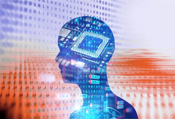 Outline of a human head containing a semiconductor chip with a background of the digits 0 and 1 -- concept for artificial intelligence.