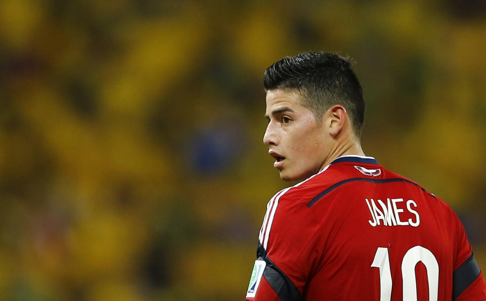 Colombia's James Rodriguez is pictured during their 2014 World Cup quarter-finals against Brazil at the Castelao arena in Fortaleza July 4, 2014. REUTERS/Marcelo Del Pozo