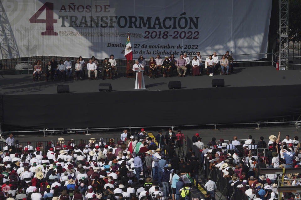 People gather at the capital's main square, the Zócalo, as they listen to Mexican President Andrés Manuel López Obrador in Mexico City, Sunday, November 27, 2022. (AP Photo / Marco Ugarte)