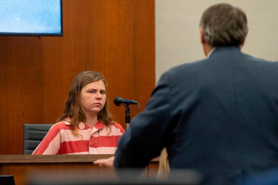 Hailey Heard listens to Joseph David Heard’s attorney Donald Rafferty as she testifies in Joseph David Heard’s trial for capital murder in the death of Hayden Bataille in Harrison County Circuit Court in Biloxi on Wednesday, May 8, 2024. Hailey Heard, who is the wife of Joseph Heard, is serving a life sentence for the death of Hayden Bataille, who is her son.