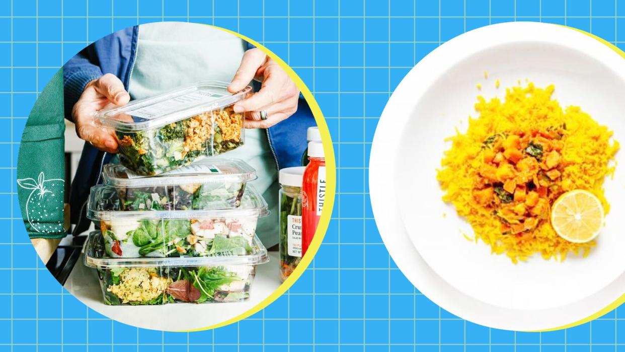 a person holding a plastic bag over a plate of food