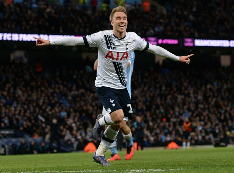 Tottenham Hotspur's midfielder Christian Eriksen celebrates scoring his team's second goal during an English Premier League football match against Manchester City on February 14, 2016