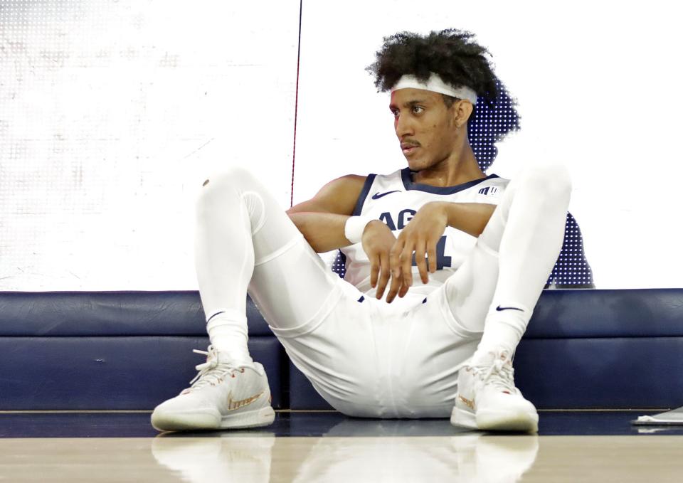 Utah State guard Ian Martinez waits to check in during the Aggies’ win over San Jose State Jan. 30 at the Spectrum in Logan. | Jeff Hunter