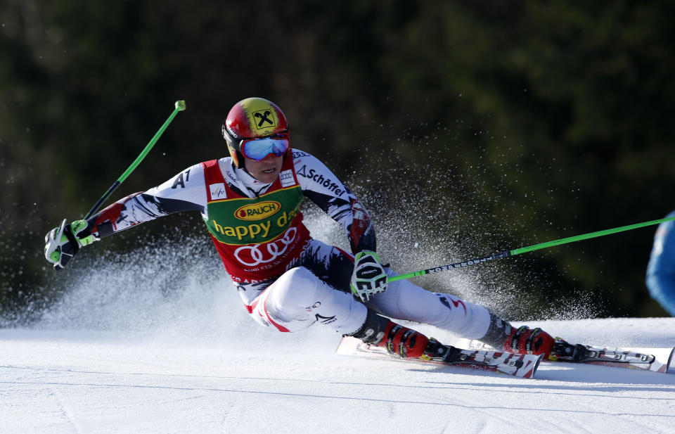 Marcel Hirscher of Austria competes during the first run of an alpine ski men's World Cup giant slalom, in Kranjska Gora, Slovenia, Saturday, March 8, 2014. (AP Photo/Shinichiro Tanaka)