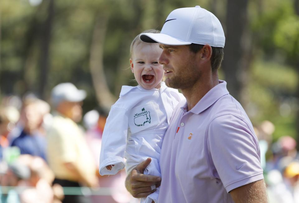 AUGUSTA, GEORGIA - APRIL 10: Lucas Bjerregaard of Denmark holds his daughter Josephine during the Par 3 Contest prior to the Masters at Augusta National Golf Club on April 10, 2019 in Augusta, Georgia. (Photo by Kevin C. Cox/Getty Images)