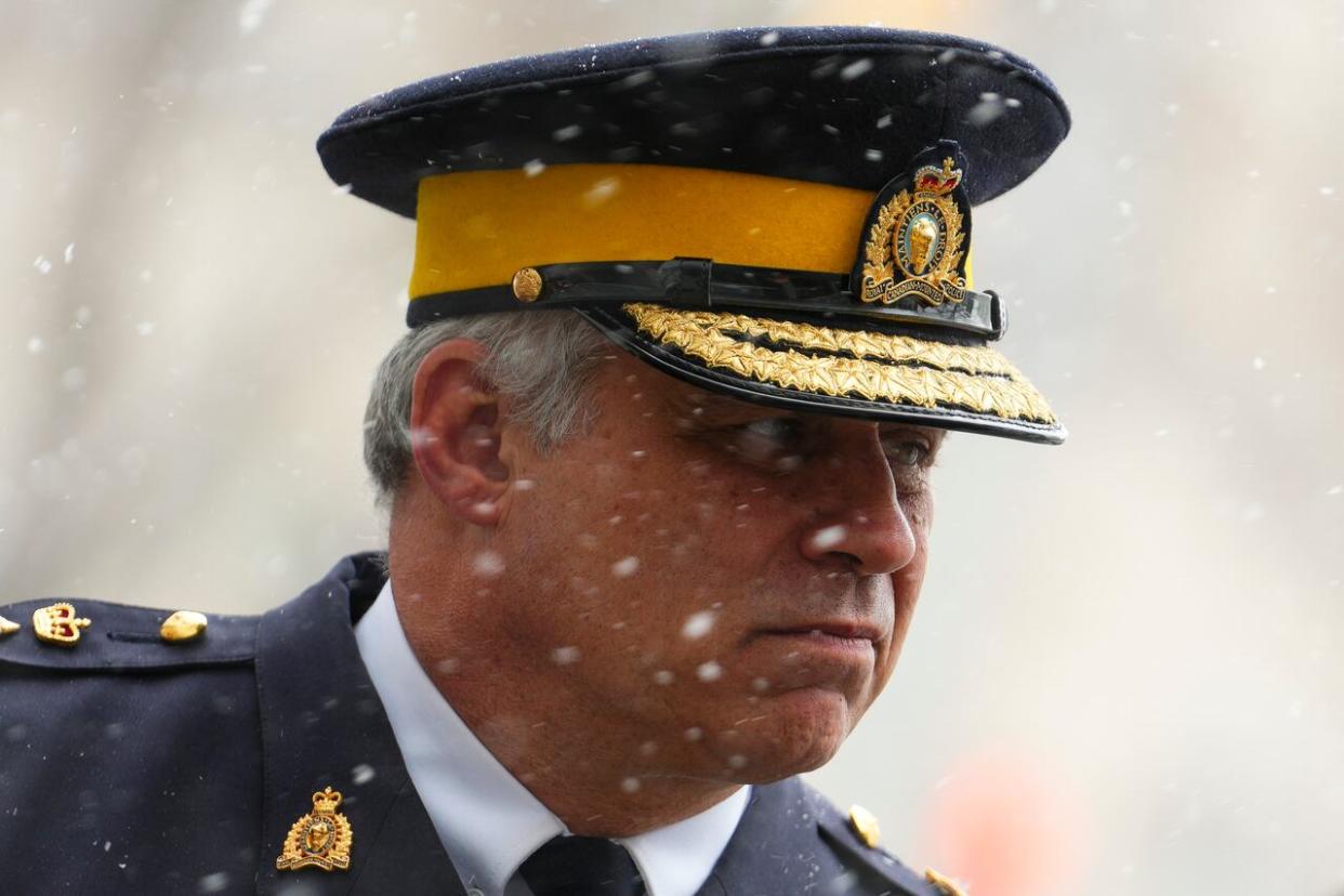 RCMP Commissioner Michael Duheme leaves after appearing as a witness at the Public Inquiry Into Foreign Interference in Federal Electoral Processes and Democratic Institutions in Ottawa on Thursday, April 4, 2024. (Sean Kilpatrick/The Canadian Press - image credit)