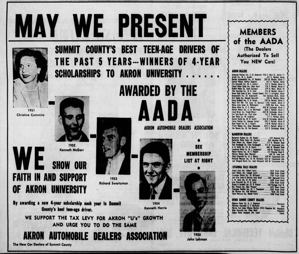 The Akron Automobile Dealers Association salutes teenagers who won full-ride scholarships to the University of Akron in this advertisement from 1955.